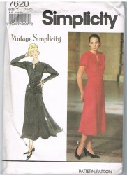 7620 SIMPLICITY RETRO VINTAGE SHORT - LONG SLEEVE LONGER DRESS, BELT PATTERN 12-16, 18-22